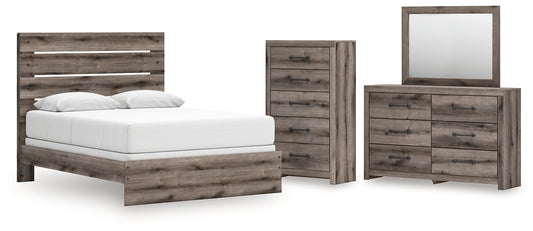 Graystorm Queen Panel Bed with Mirrored Dresser and Chest