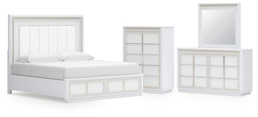 Chalanna King Upholstered Storage Bed with Mirrored Dresser and Chest