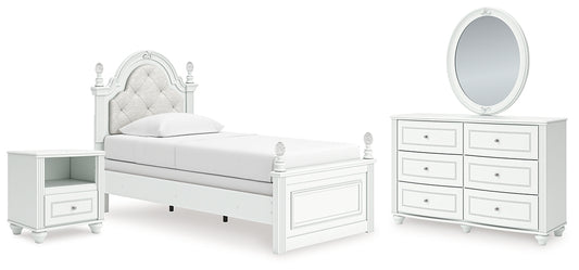 Kozlani Twin Upholstered Panel Bed, Dresser, Mirror and Nightstand