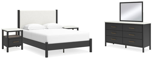 Cadmori Queen Upholstered Panel Bed with Mirrored Dresser and 2 Nightstands