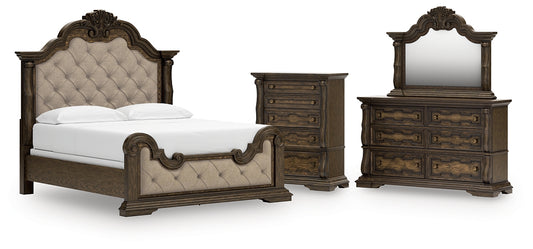 Maylee California King Upholstered Bed with Mirrored Dresser and Chest