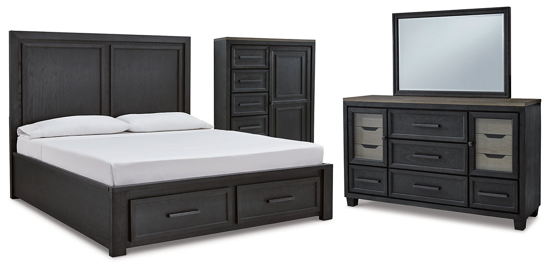 Foyland California King Panel Storage Bed with Mirrored Dresser and Chest